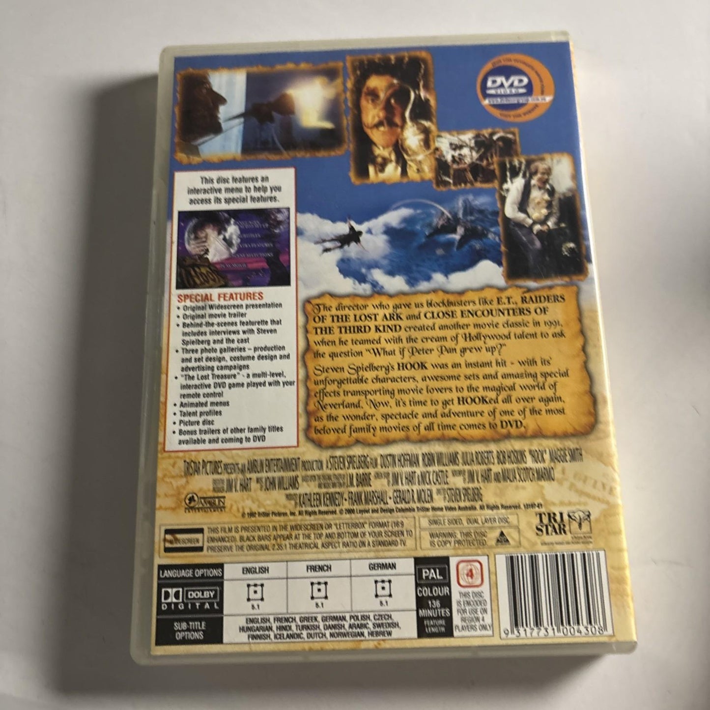 Hook (DVD, 1991) Dustin Hoffman, Robin Williams, Julia Roberts Region 4