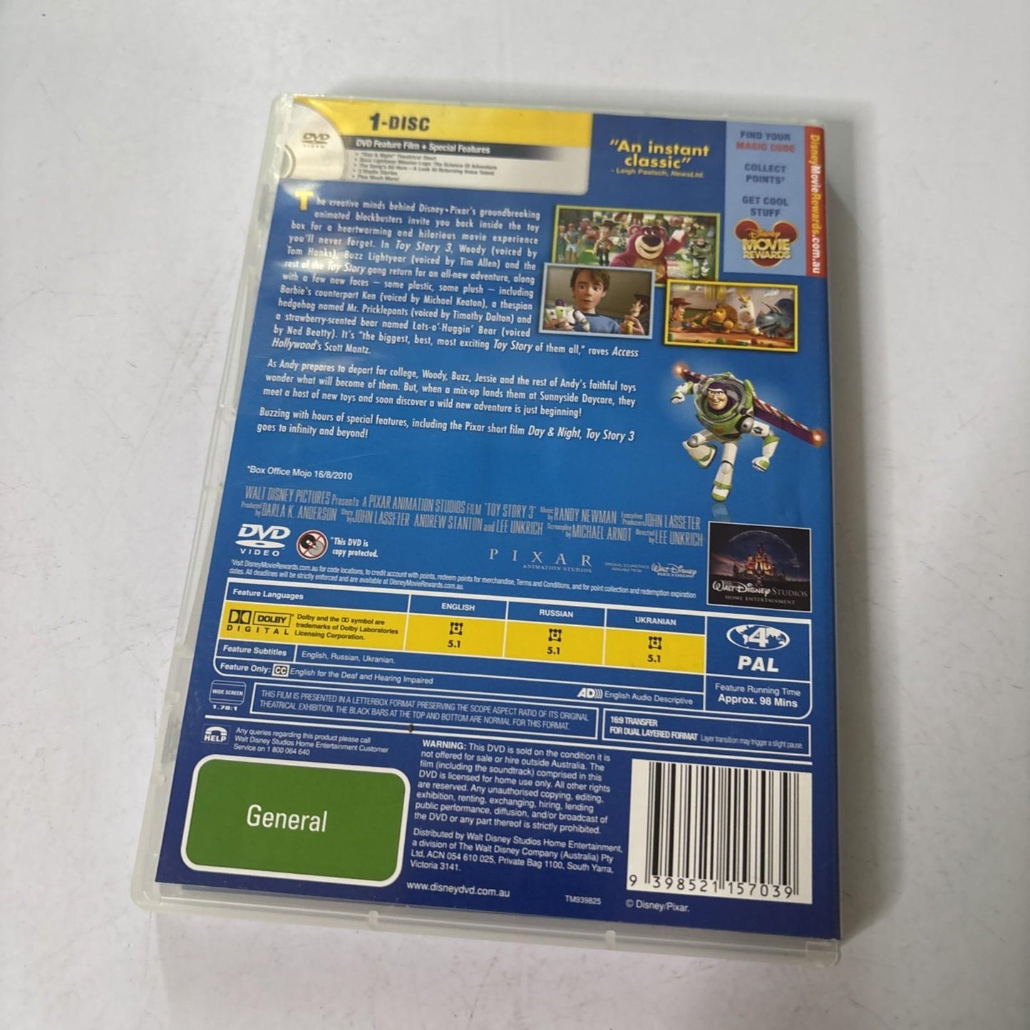 Toy Story 3 (DVD, 2010) Tom Hanks Region 4