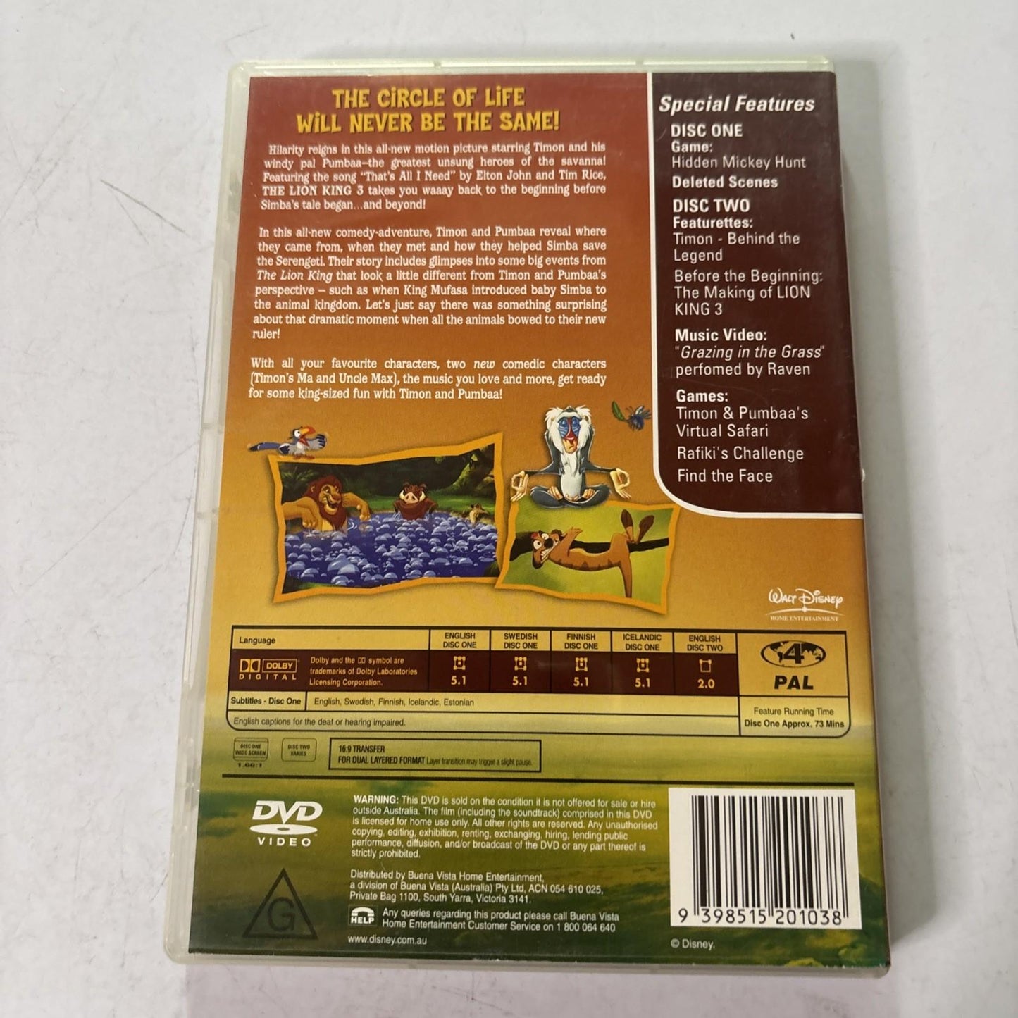 The Lion King 3 Hakuna Matata (DVD, 2004, 2-Disc) Disney Animated Film Region 4