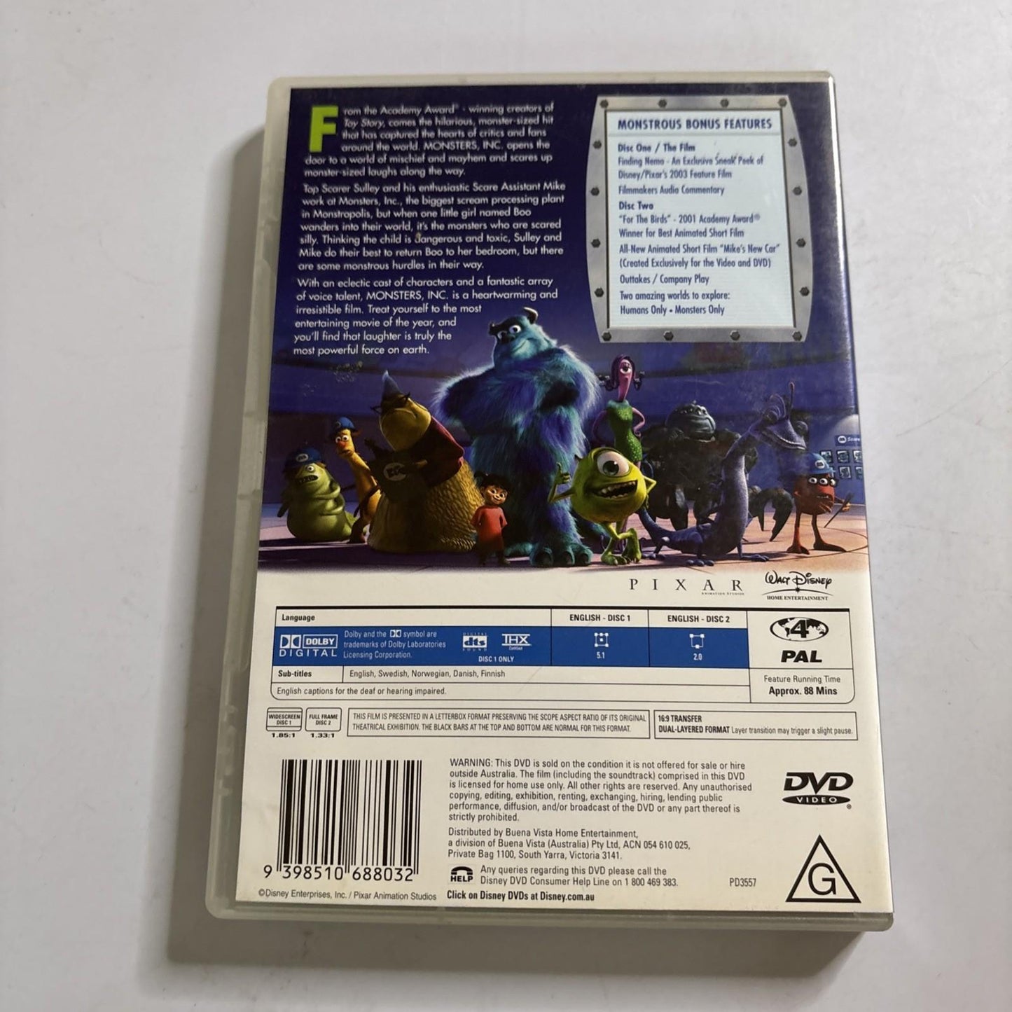 Monsters, Inc. (DVD, 2001) Billy Crystal Region 4 NEW