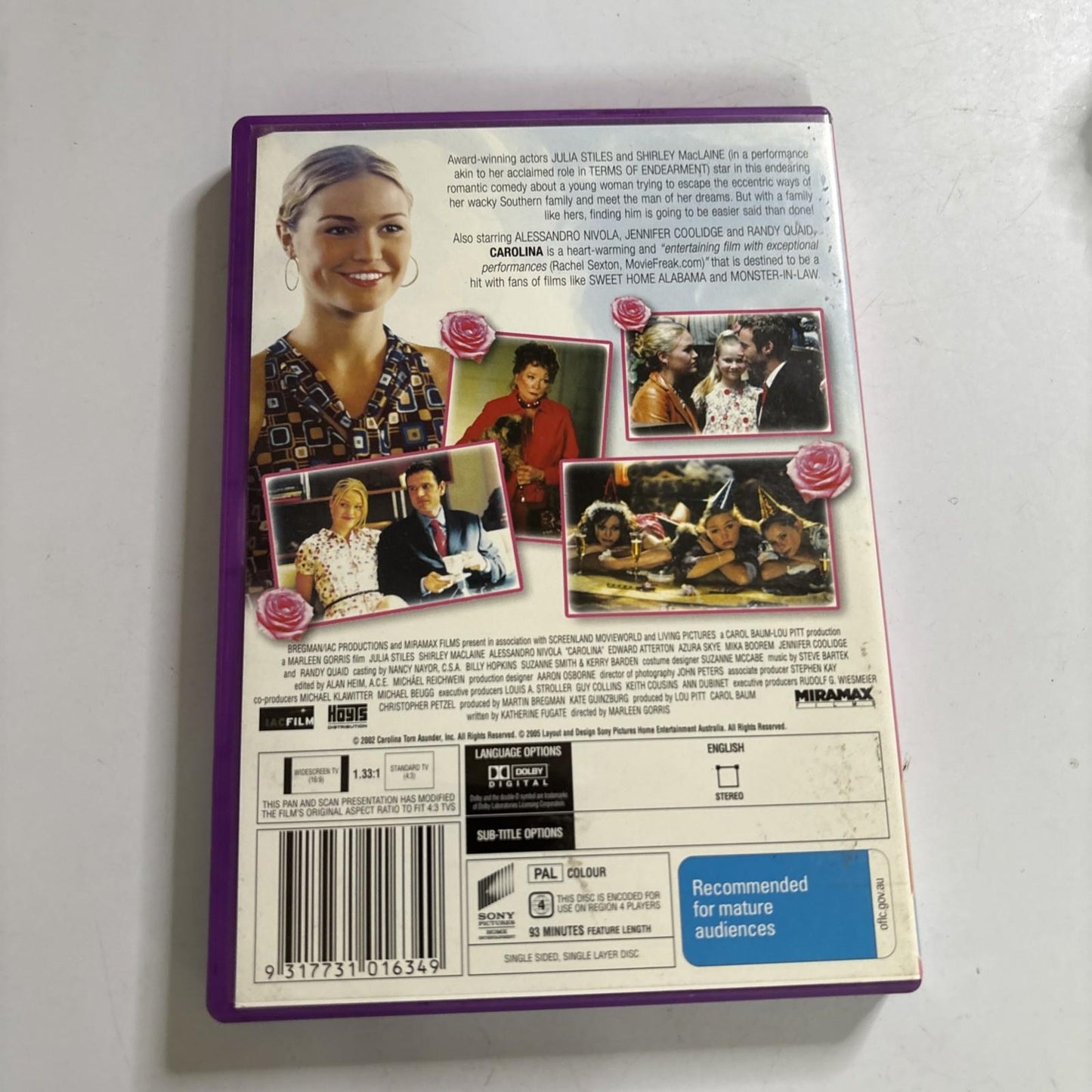 Carolina (DVD, 2003) Julia Stiles, Shirley MacLaine Region 4