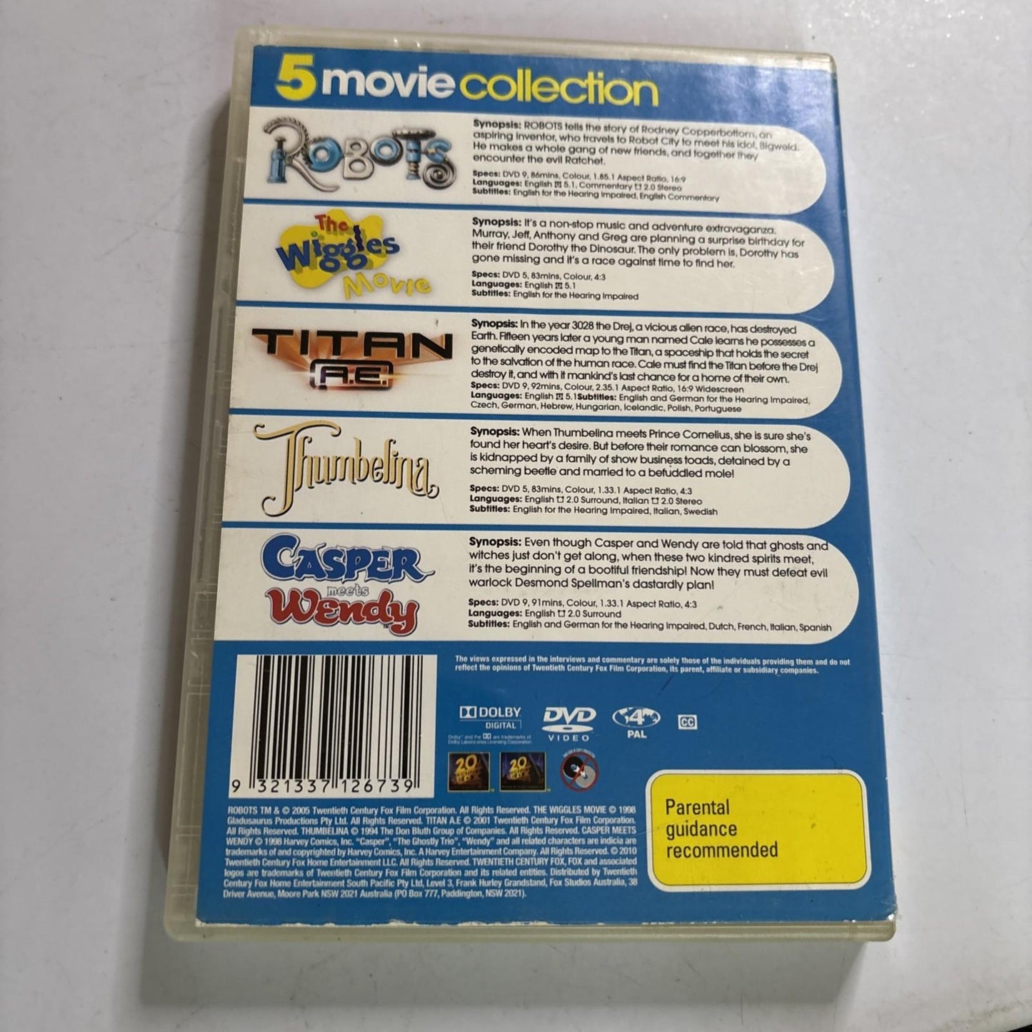 Robots / the Wiggles Movie / Titan A.E. / Thumbelina / Casper Meets Wendy DVD