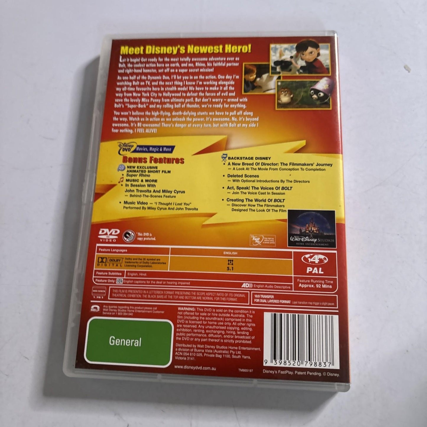 Bolt (DVD, 2008) John Travolta, Miley Cyrus Region 4