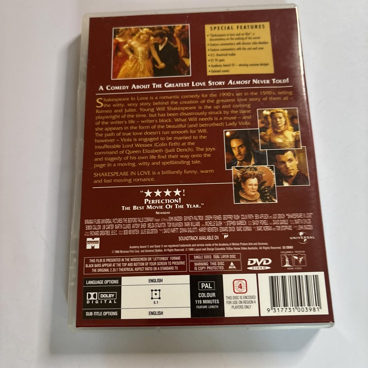 Shakespeare in Love (DVD, 1998) Gwyneth Paltrow, Joseph Fiennes Region 4