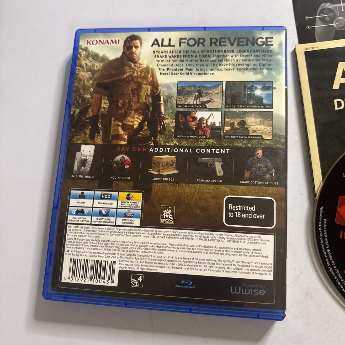 Metal Gear Solid V Phantom Pain - Day One Edition Sony PS4 Complete W/ Map