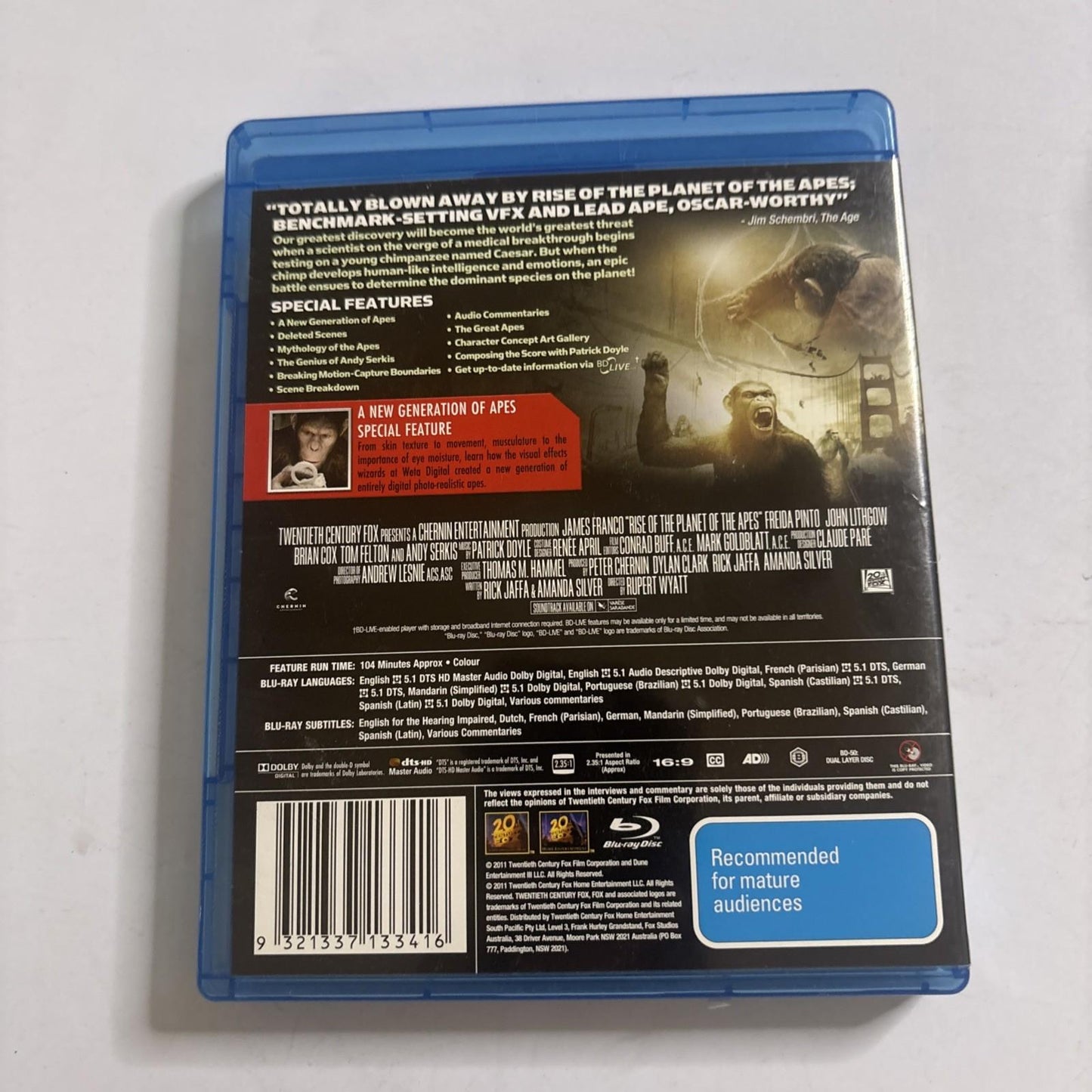 Rise of the Planet of the Apes (Blu-ray, 2011) James Franco Region B