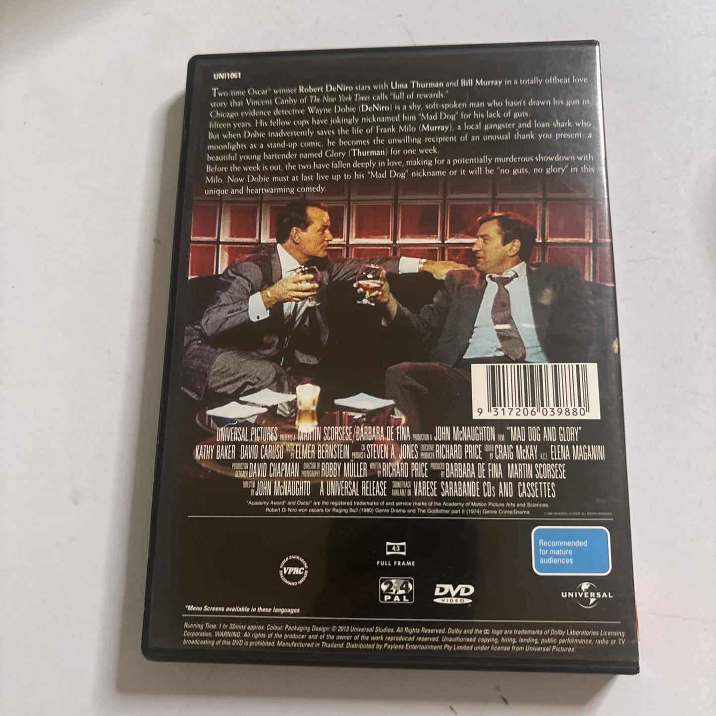 Mad Dog And Glory (DVD, 2001) Uma Thurman, Robert Deniro, Bill Murray Region 4,2
