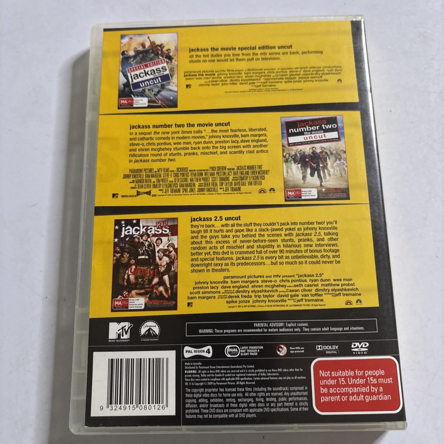 Jackass The Movie Collection DVD 3 Disc set Region 4 : Johnny Knoxville pranks