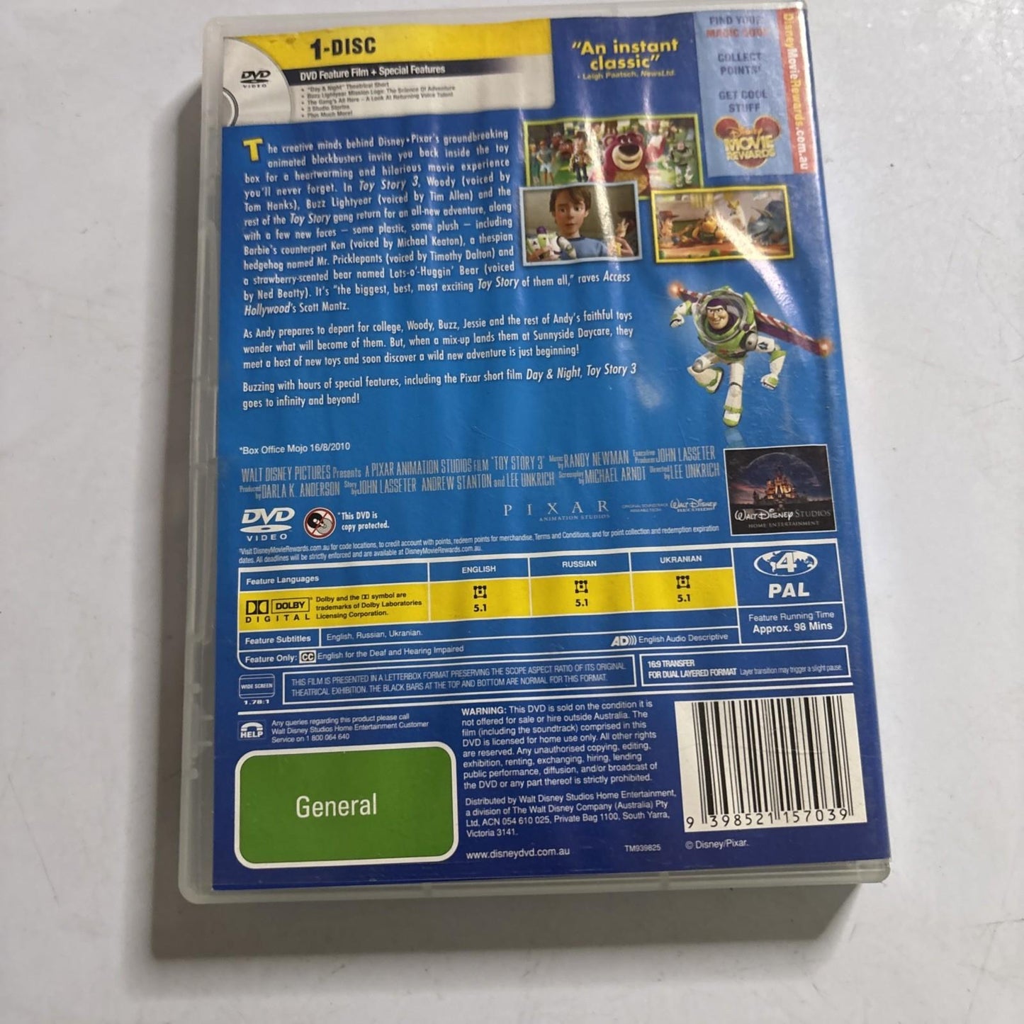 Toy Story 3 (DVD, 2010) Disney Region 4