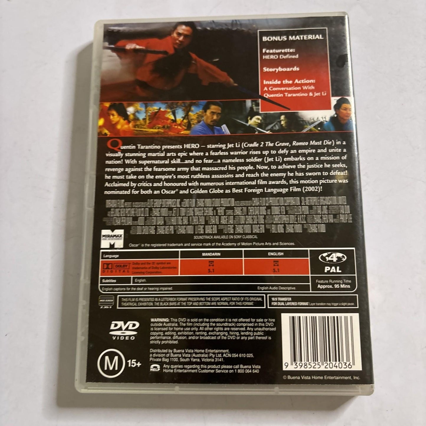 Hero (DVD, 2002) Jet Li, Donnie Yen Region 4