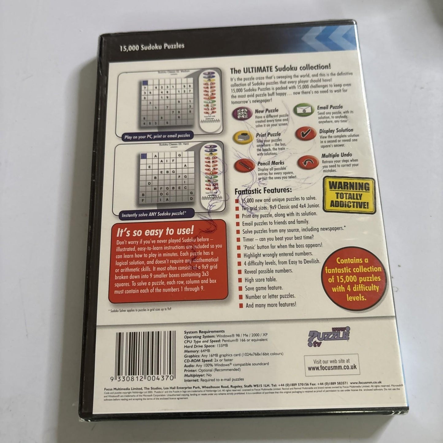 15000 Sudoku Puzzles 4 Difficulty Levels PC CD ROM Windows Game New Sealed
