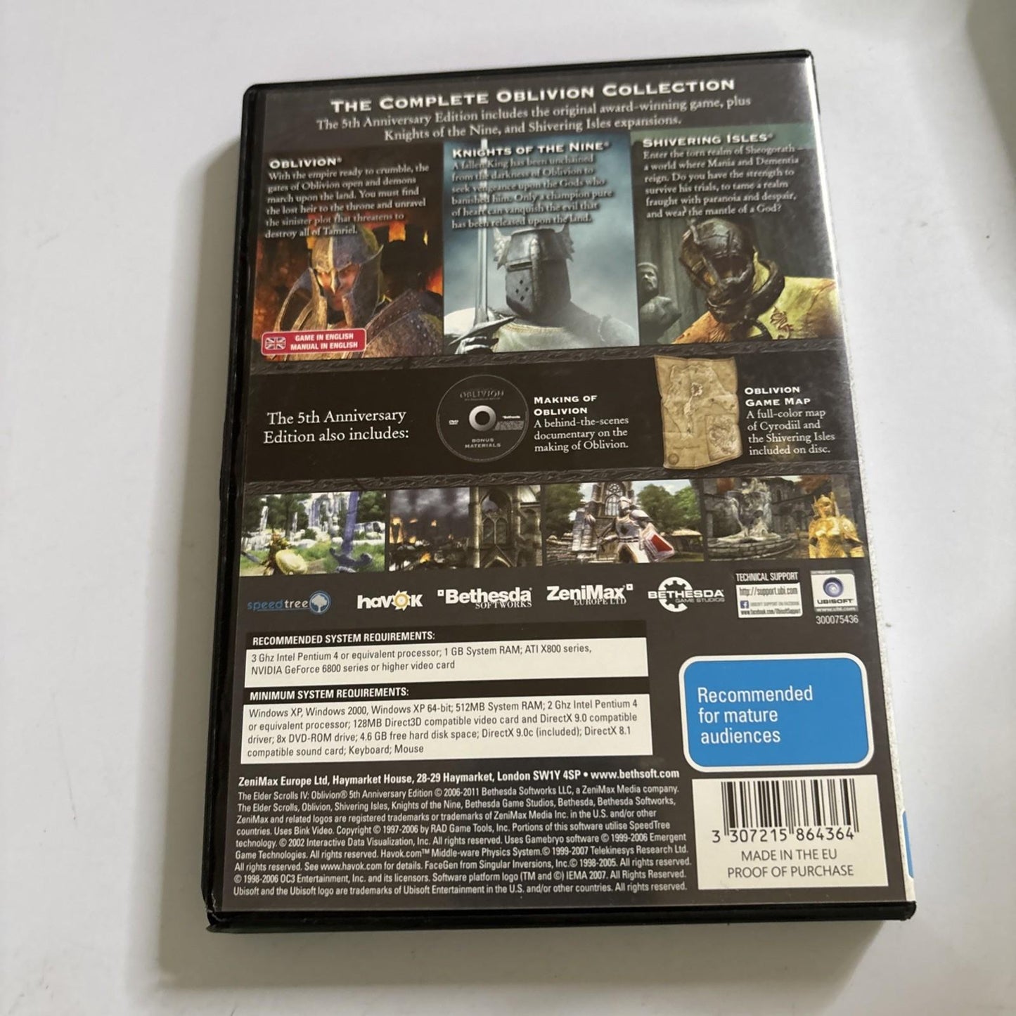 The Elder Scrolls IV Oblivion 5th Anniversary Edition PC DVD Rom Ubisoft 3 Disc