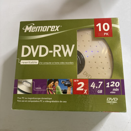 Memorex DVD-RW 10 Pack 4X 4.7GB 120min Rewritable Discs New Sealed