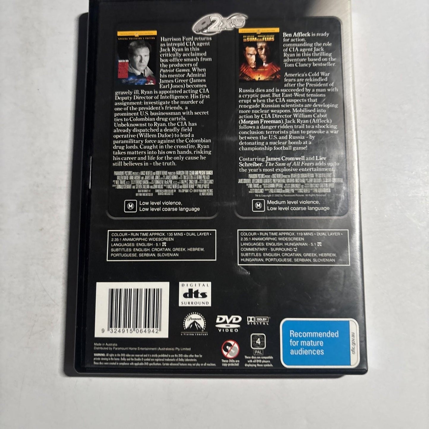 Clear and Present Danger / The Sum of All Fears (DVD, 1994) Region 4