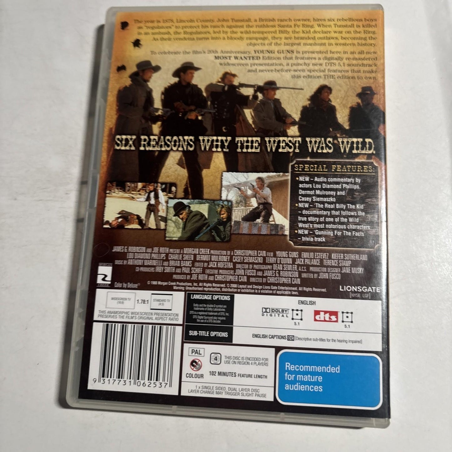 Young Guns: the Most Wanted Edition (DVD, 1988) Emilio Estevez Region 4