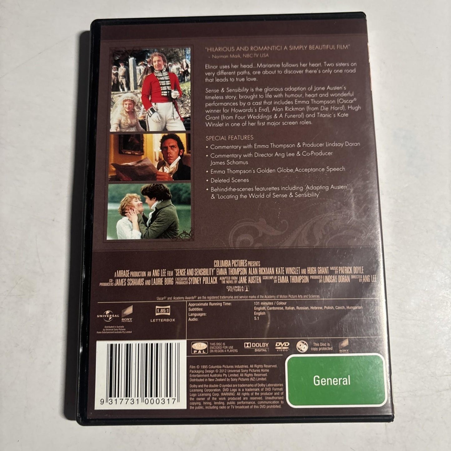 Sense and Sensibility (DVD, 1995) Hugh Grant, Emma Thompson Region 4 NEW