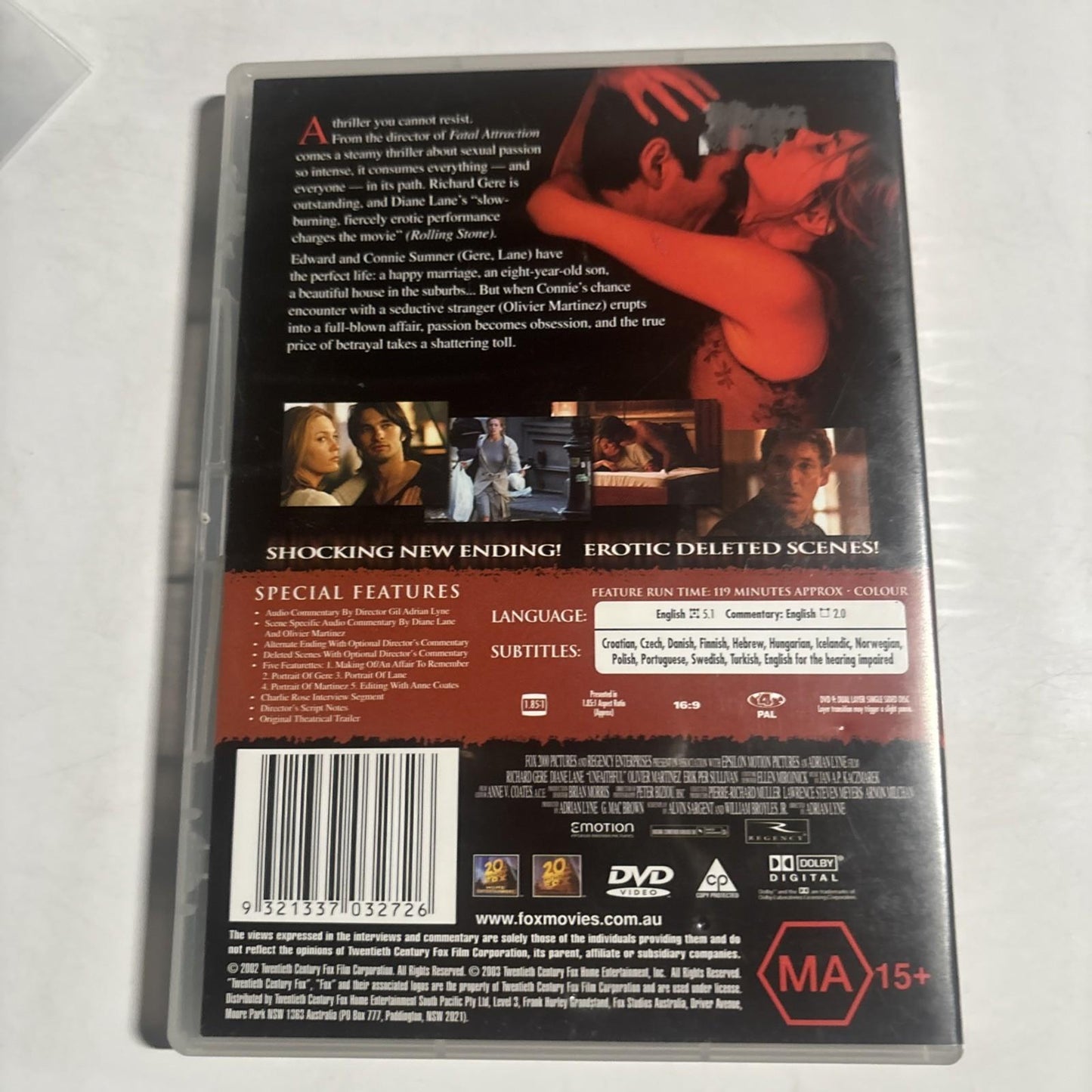 Unfaithful (DVD, 2001) Richard Gere, Diane Lane Region 4