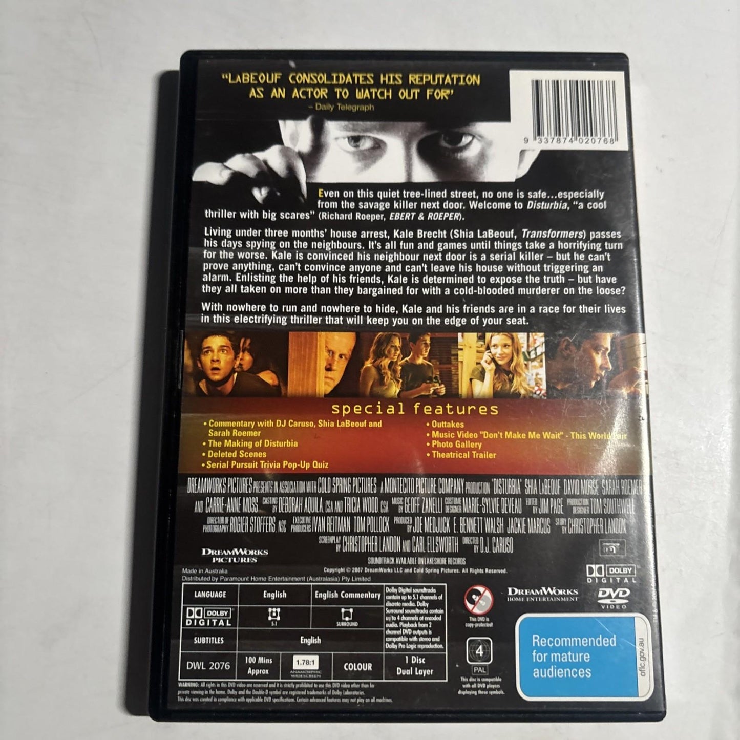 Disturbia (DVD, 2007) Shia La Beouf, David Morse, Sarah Roemer Region 4