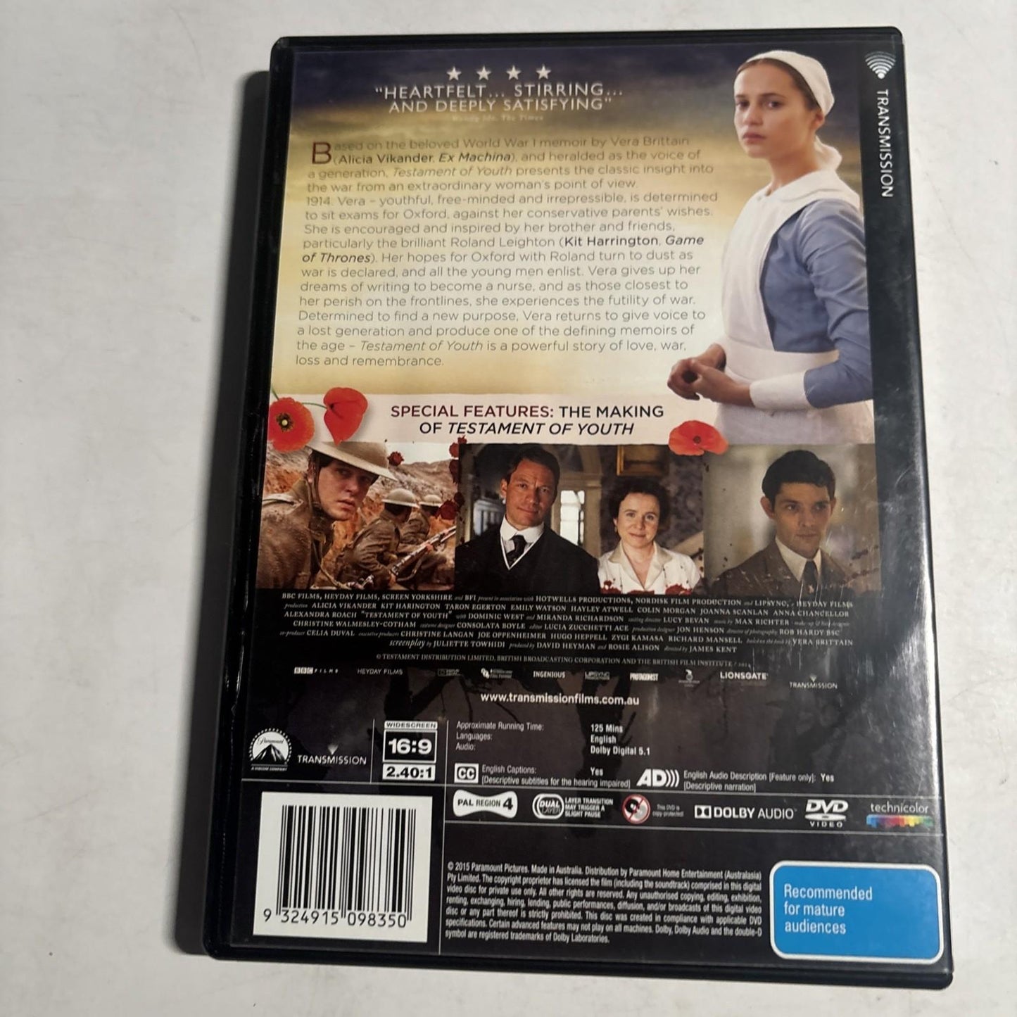 Testament of Youth (DVD, 2014) Alicia Vikander, Kit Harrington Region 4