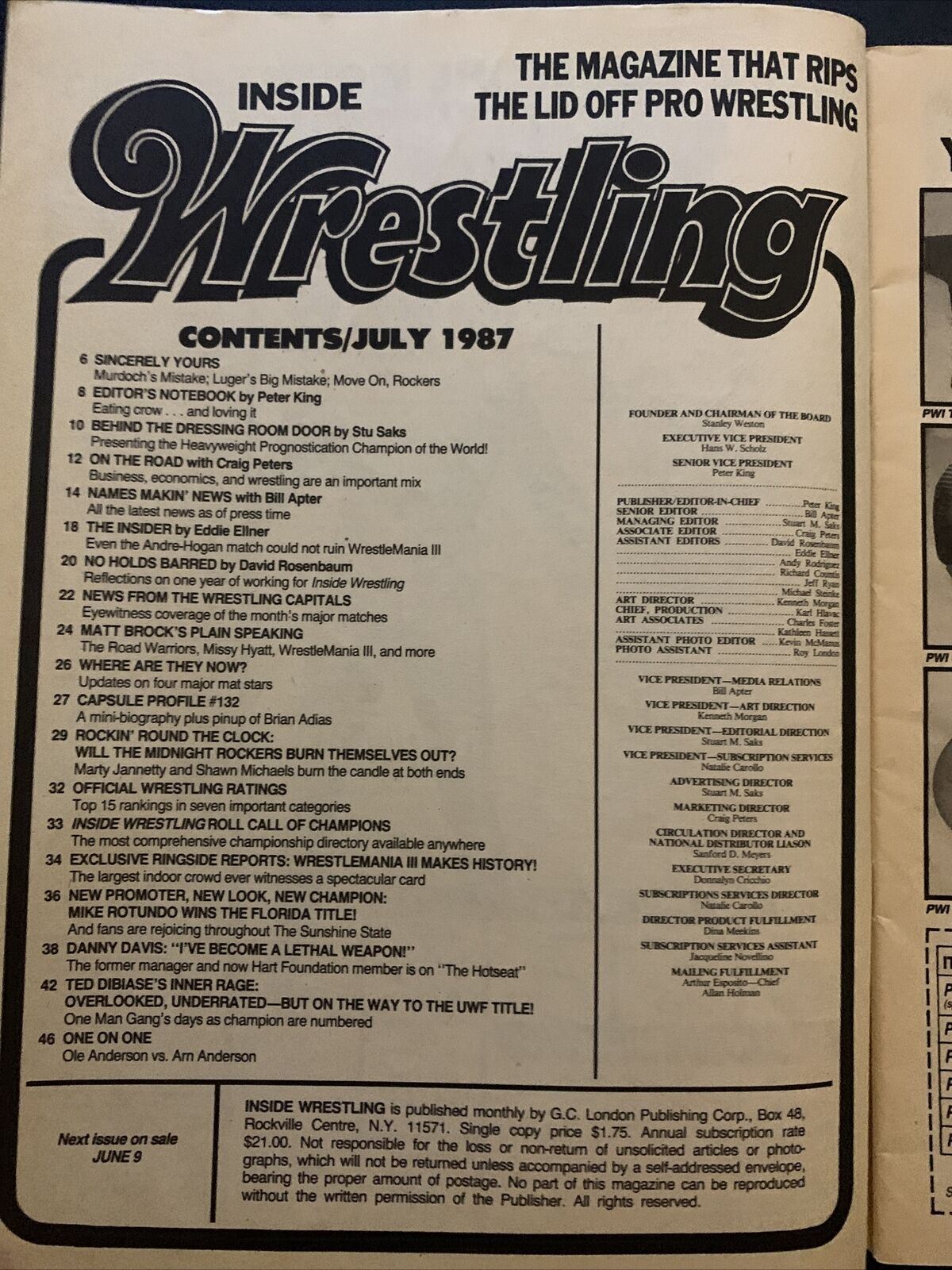Inside Wrestling Magazine July 1987 - WrestleMania 3, Ted DiBiase, Hogan, Andre