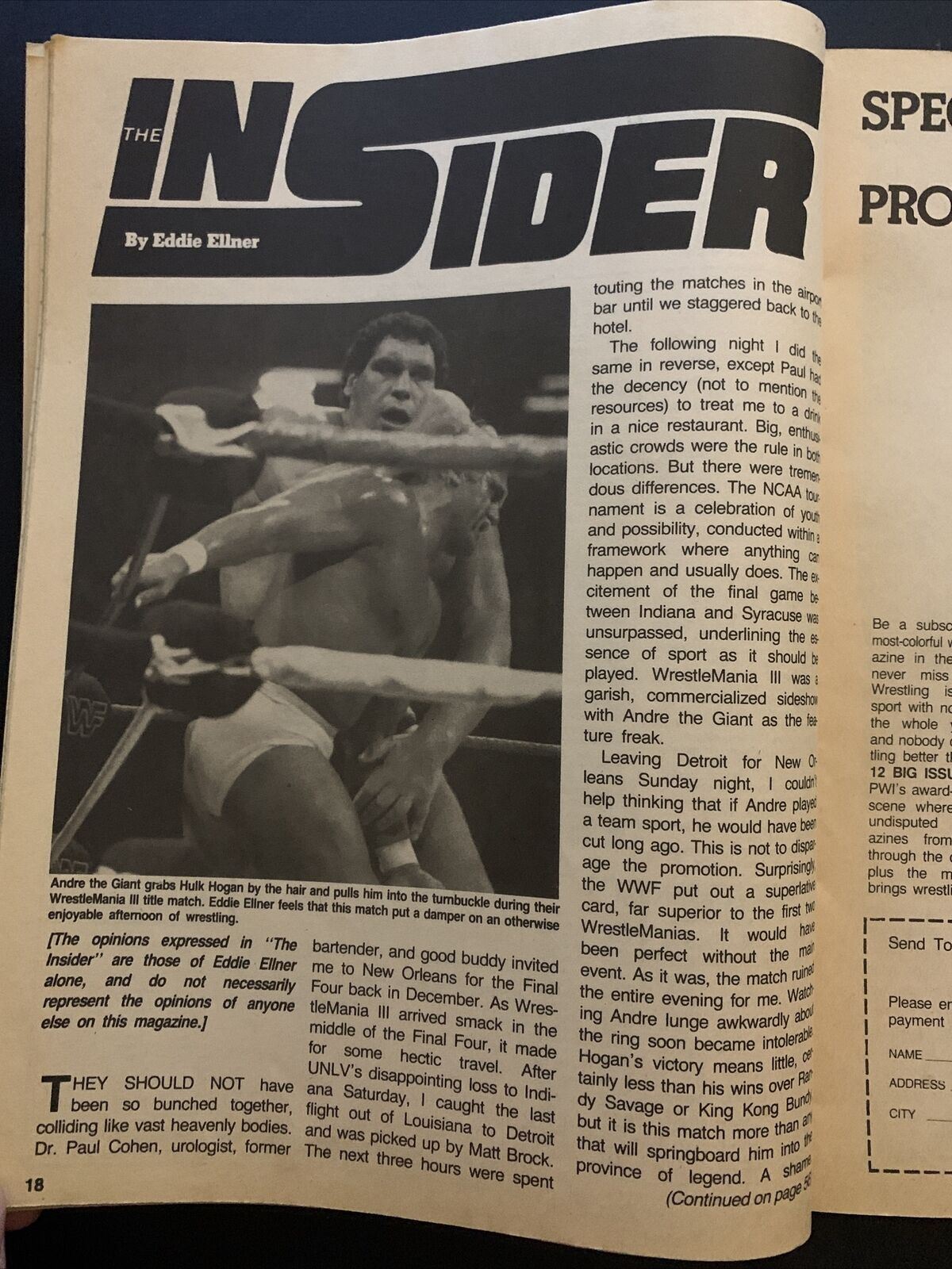 Inside Wrestling Magazine July 1987 - WrestleMania 3, Ted DiBiase, Hogan, Andre