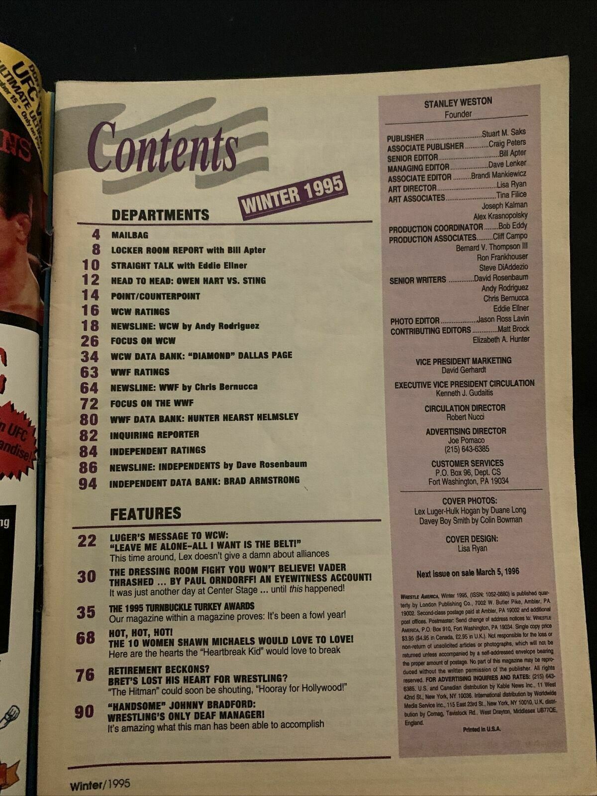 Wrestle America Magazine Winter 1995 - Shawn Michaels, Bret, Turnbuckle Awards