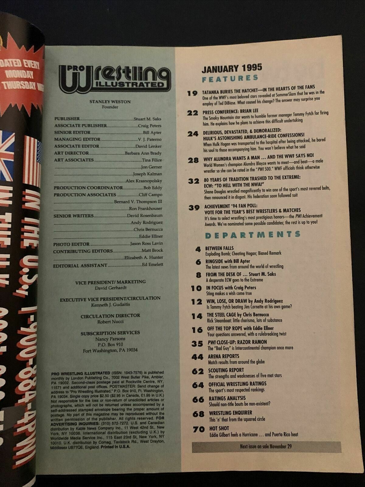 Pro Wrestling Illustrated Magazine January 1995 - Tatanka, Hulk Hogan, Razor Ram