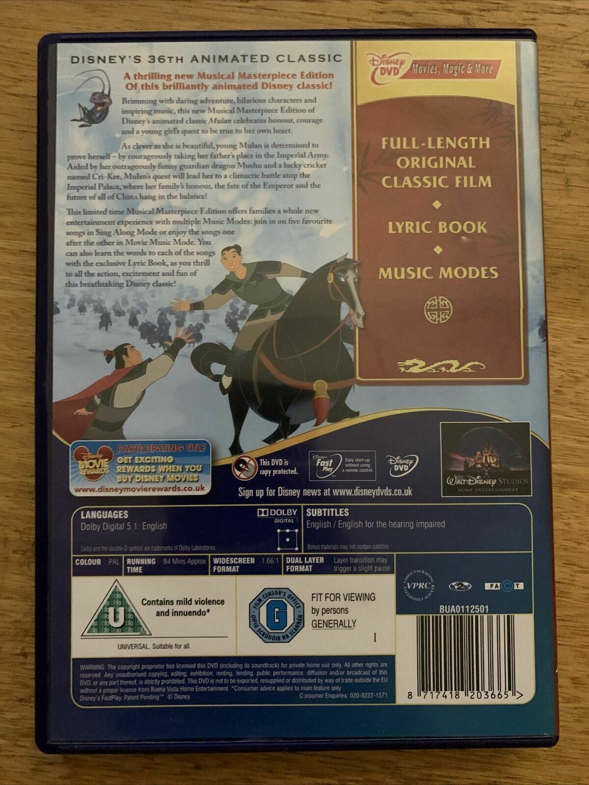 Mulan Musical Masterpiece Special Edition (DVD, 1998) Disney with Lyric Book