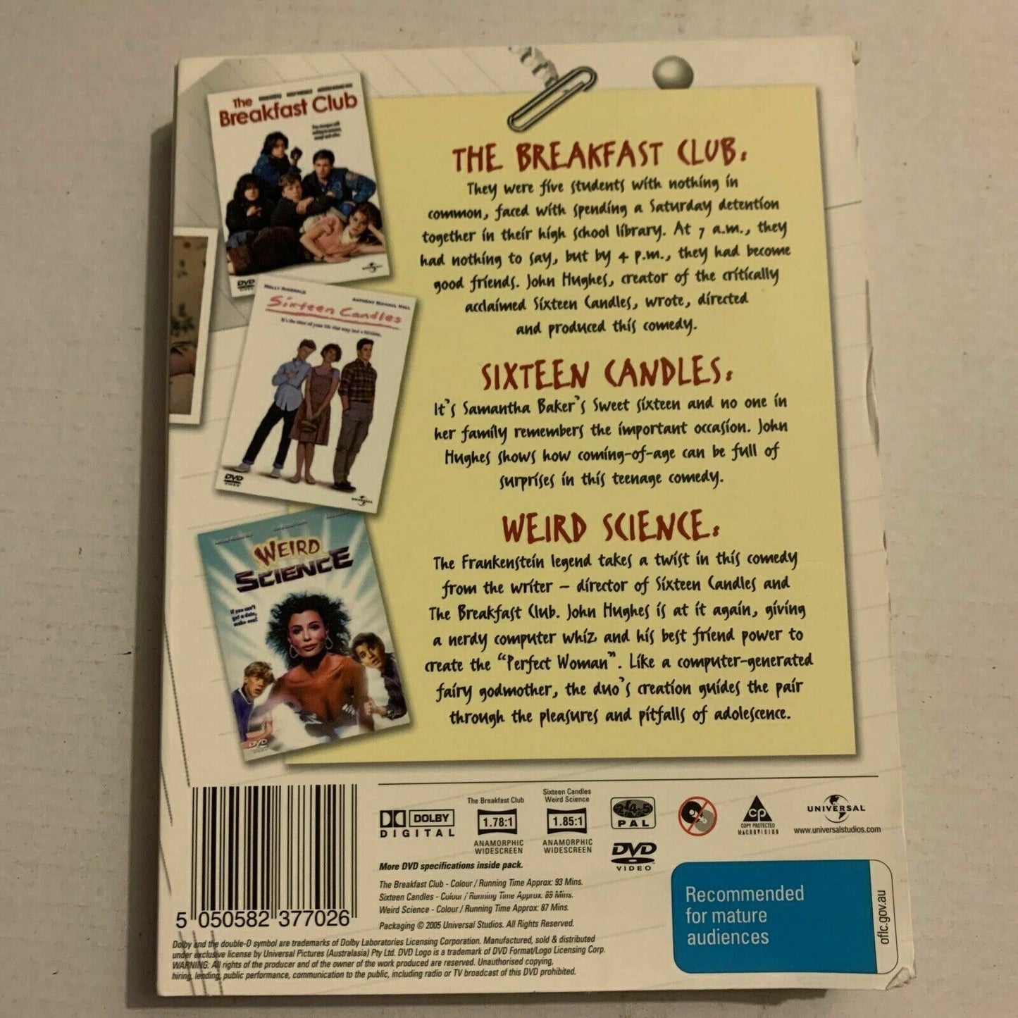 The Breakfast Club / Sixteen Candles / Weird Science DVD John Hughes Region 2,4