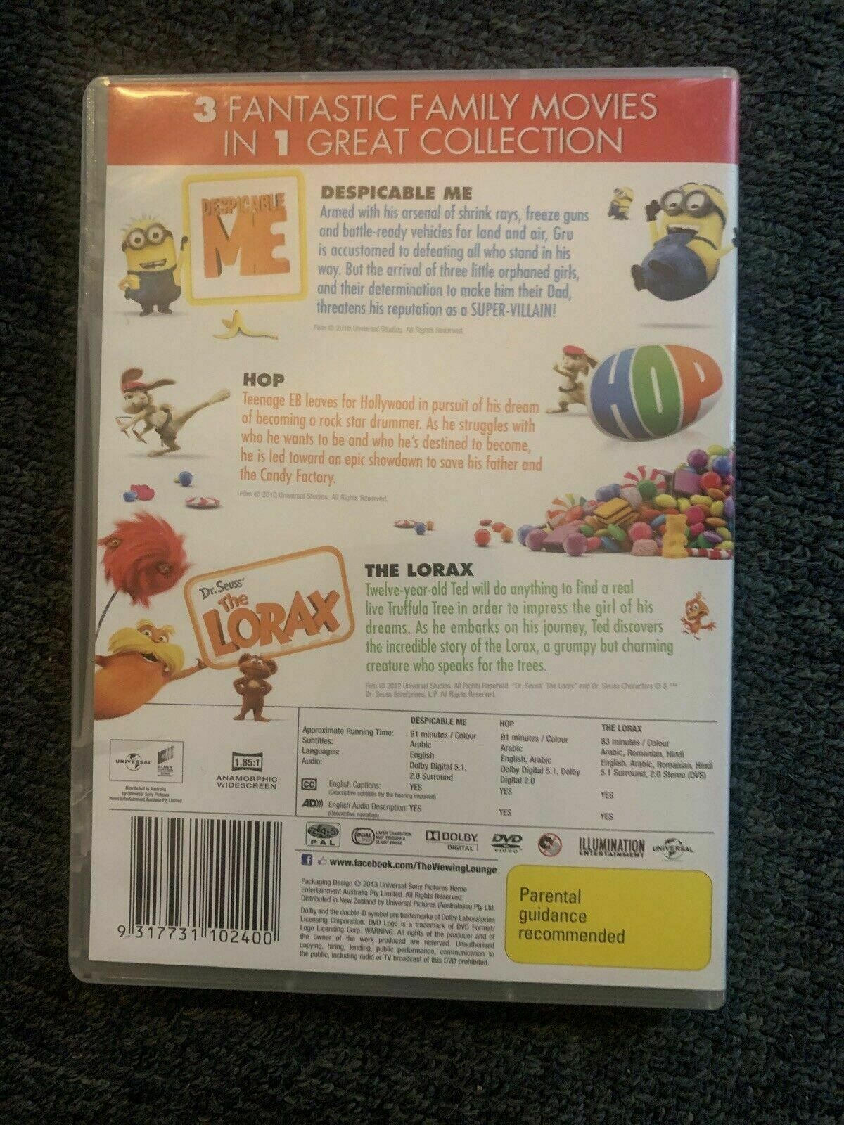 Despicable Me / Dr. Seuss' The Lorax / Hop (DVD, 2013, 3-Disc Set) Region 4,2,5