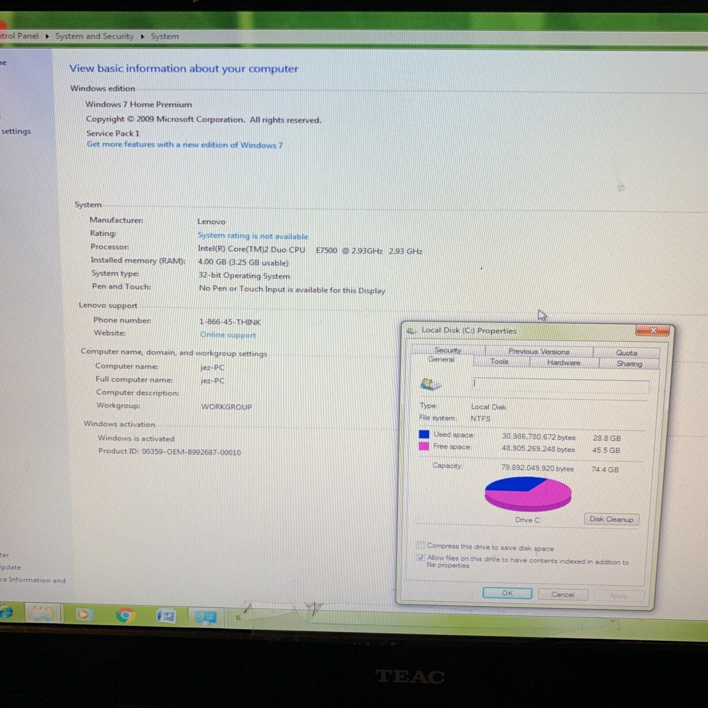 Lenovo ThinkCentre M58 Intel Core Duo E7500 2.93Ghz 4GB 80gb DVD RW Windows 7