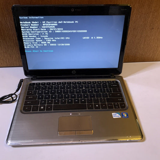 HP Pavilion DM3 Laptop 13.3" Intel U4100 1.3Ghz 4GB *Flat Battery No Back cover