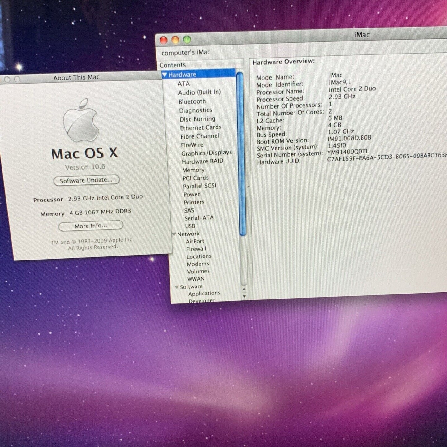 Apple iMac 24" Intel Core 2 Duo 2.93 GHz 4gb RAM 640GB HDD DVD Burner WiFi A1225