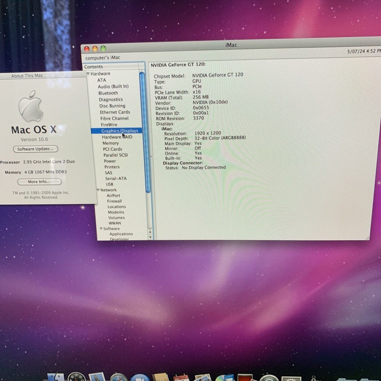 Apple iMac 24" Intel Core 2 Duo 2.93 GHz 4gb RAM 640GB HDD DVD Burner WiFi A1225