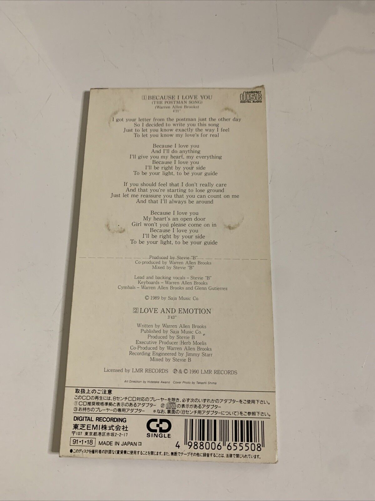 Stevie B – Because I Love You (CD, 1991) 8cm Mini Single Japan TODP-2228