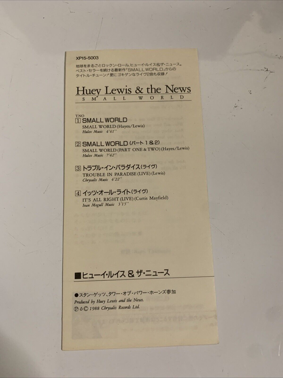 Huey Lewis & The News – Small World (CD, 1988) 8cm Mini Single Japan XP15-5003