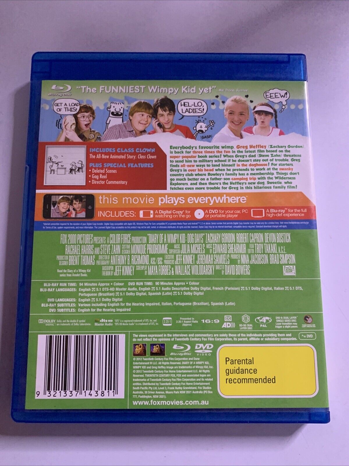 Diary Of A Wimpy Kid 3 : Dog Days (Blu-ray + DVD, 2012) Region B