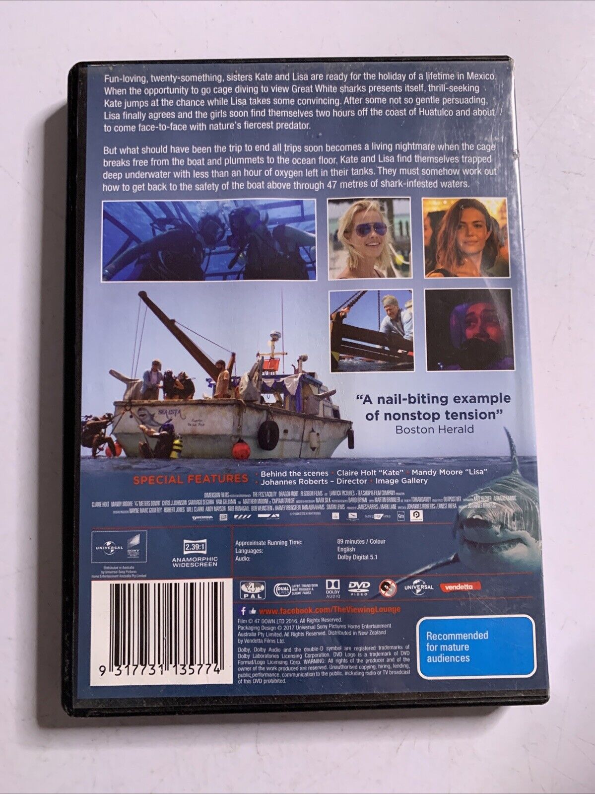 47 Metres Down (DVD, 2017) Santiago Segura, Claire Holt Mandy Moore  Region 4