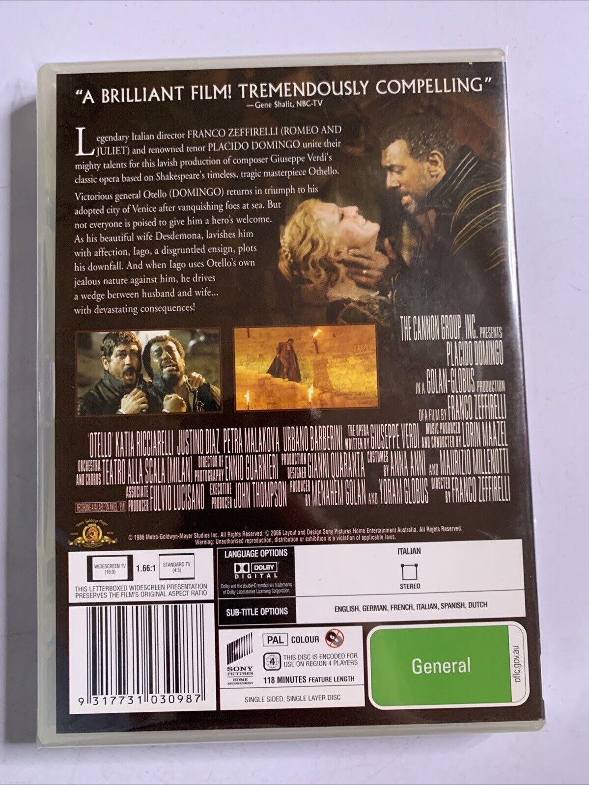 Otello (DVD, 1986) Plácido Domingo, Katia Ricciarelli, Justino Díaz Region 4 NEW