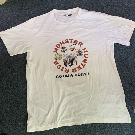 Official Monster Hunter Rise Go On A Hunt White Capcom UNIQLO Shirt XL