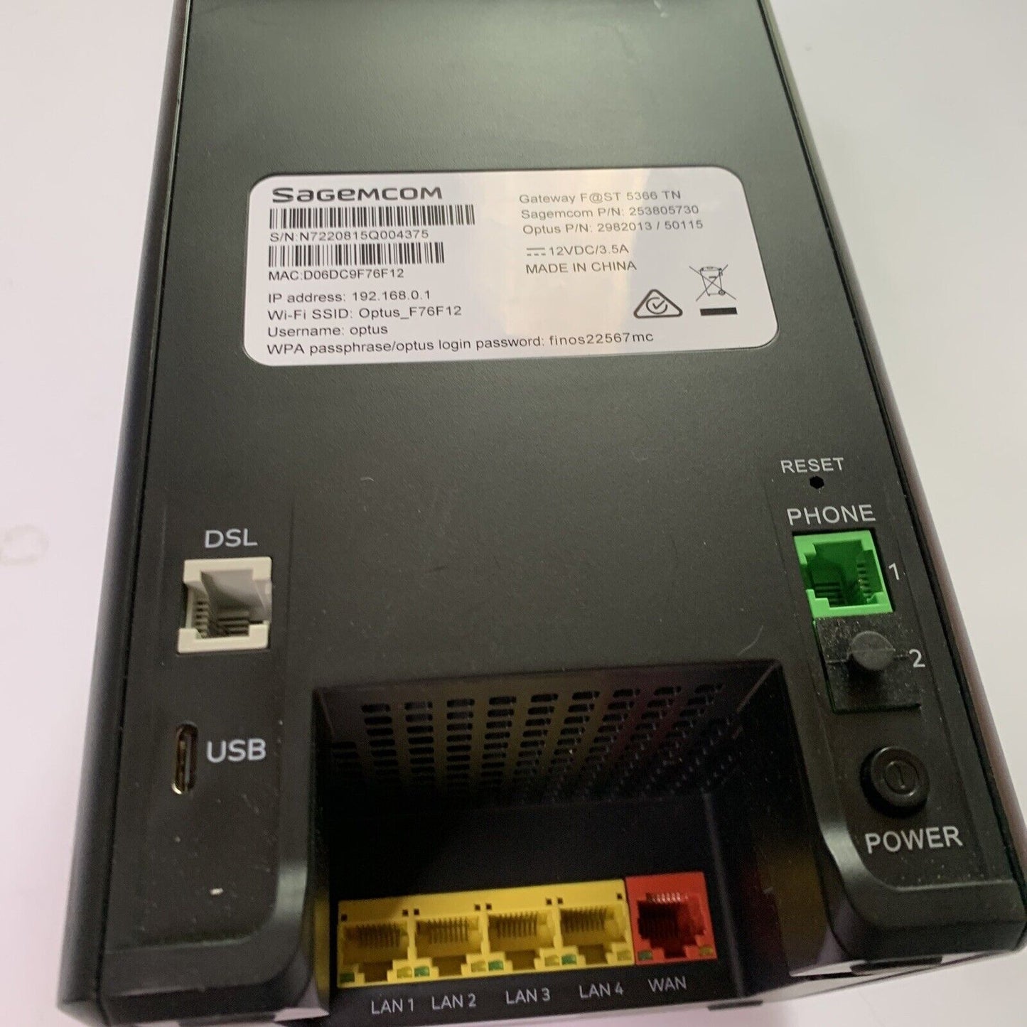 Optus Sagemcom Gateway FAST 5366 TN NBN WiFi Wireless Modem Router