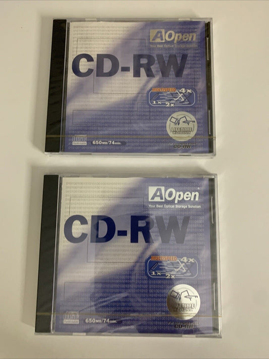 2x Aopen CD-RW Re-Writable 650 MB Blank Media NEW Sealed
