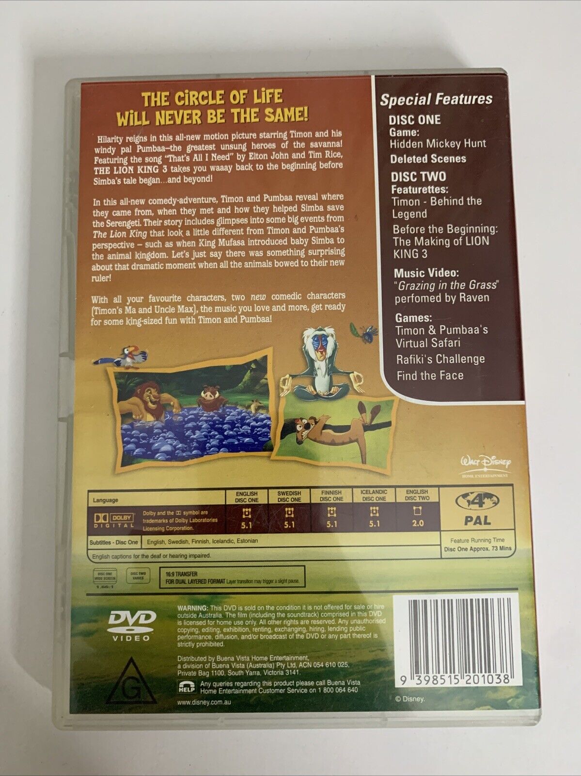 The Lion King 3 Hakuna Matata (DVD, 2004, 2-Disc)  Disney Animated Film Region 4