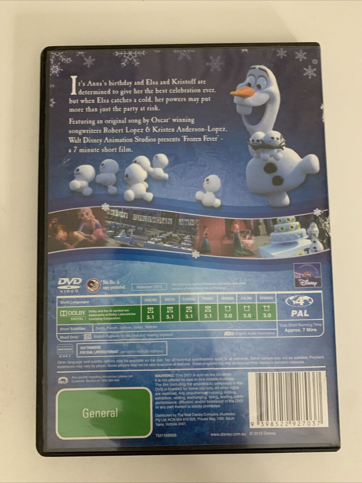Disney Frozen Fever (DVD, 2015) Pixar Animation Region 4