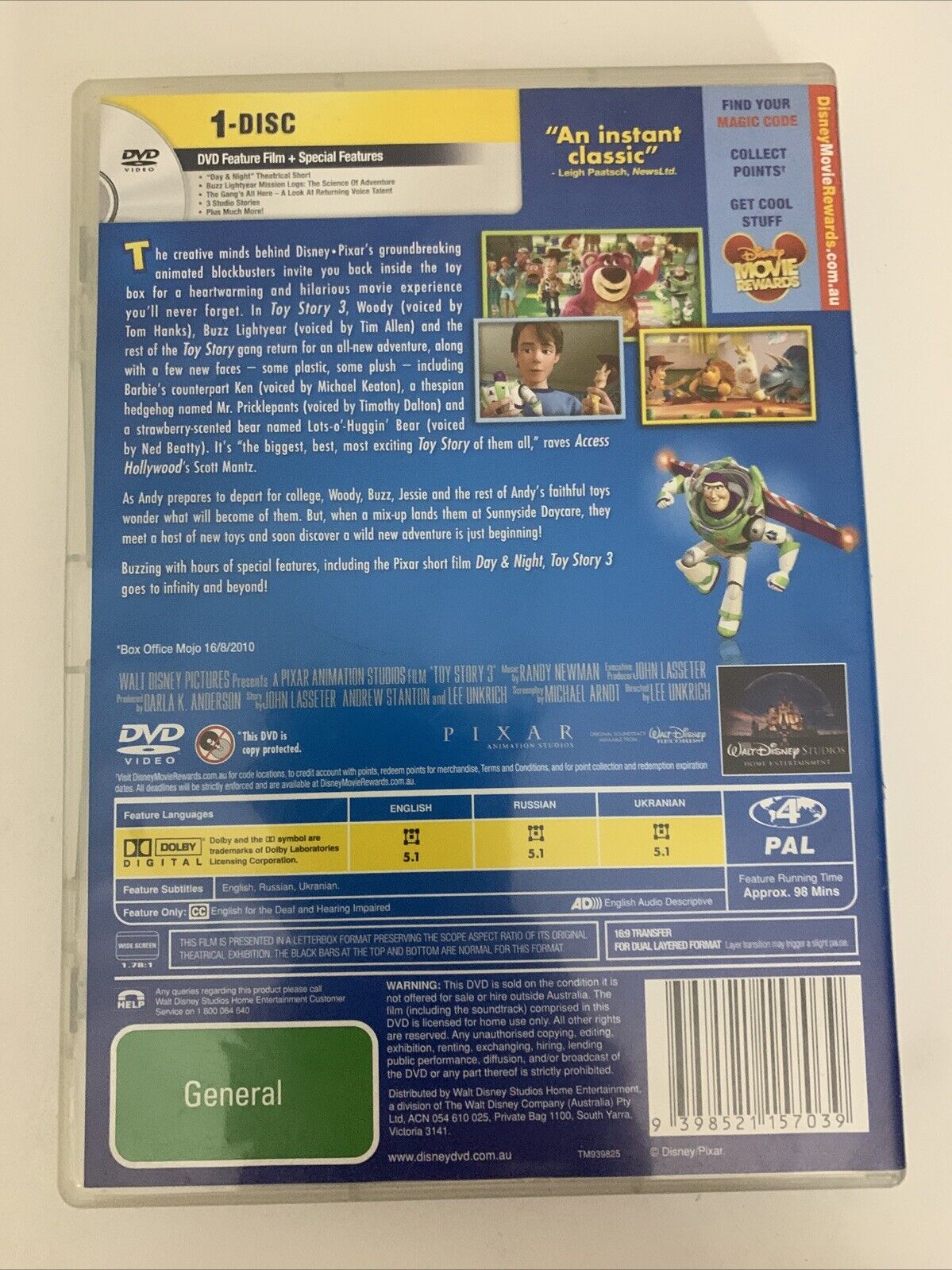 Toy Story 3 (DVD, 2010) Disney Pixar Animated Film Region 4