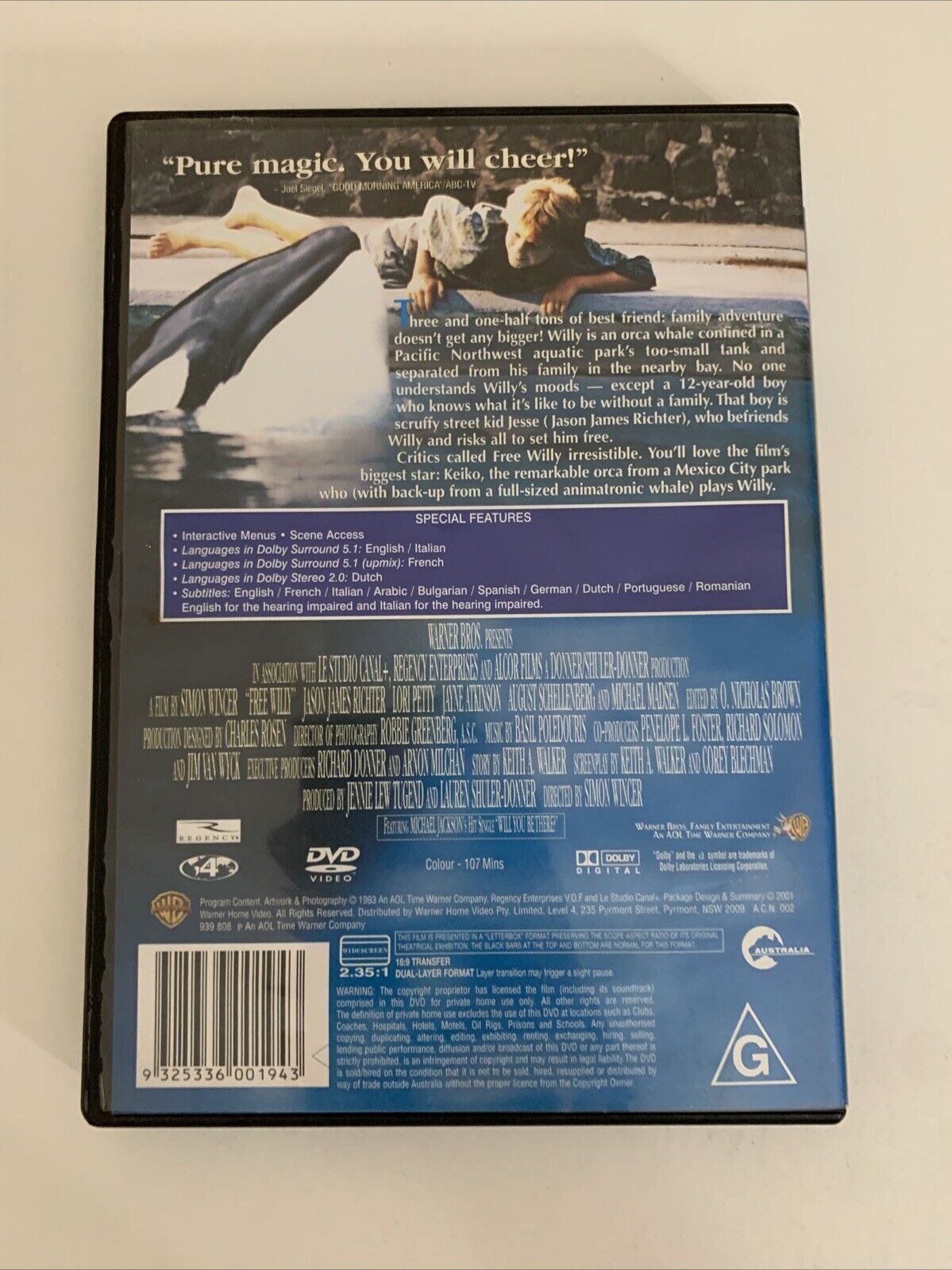 Free Willy (DVD, 1993) Michael Madsen, Jason James Richter, Jayne Atkinson Reg 4