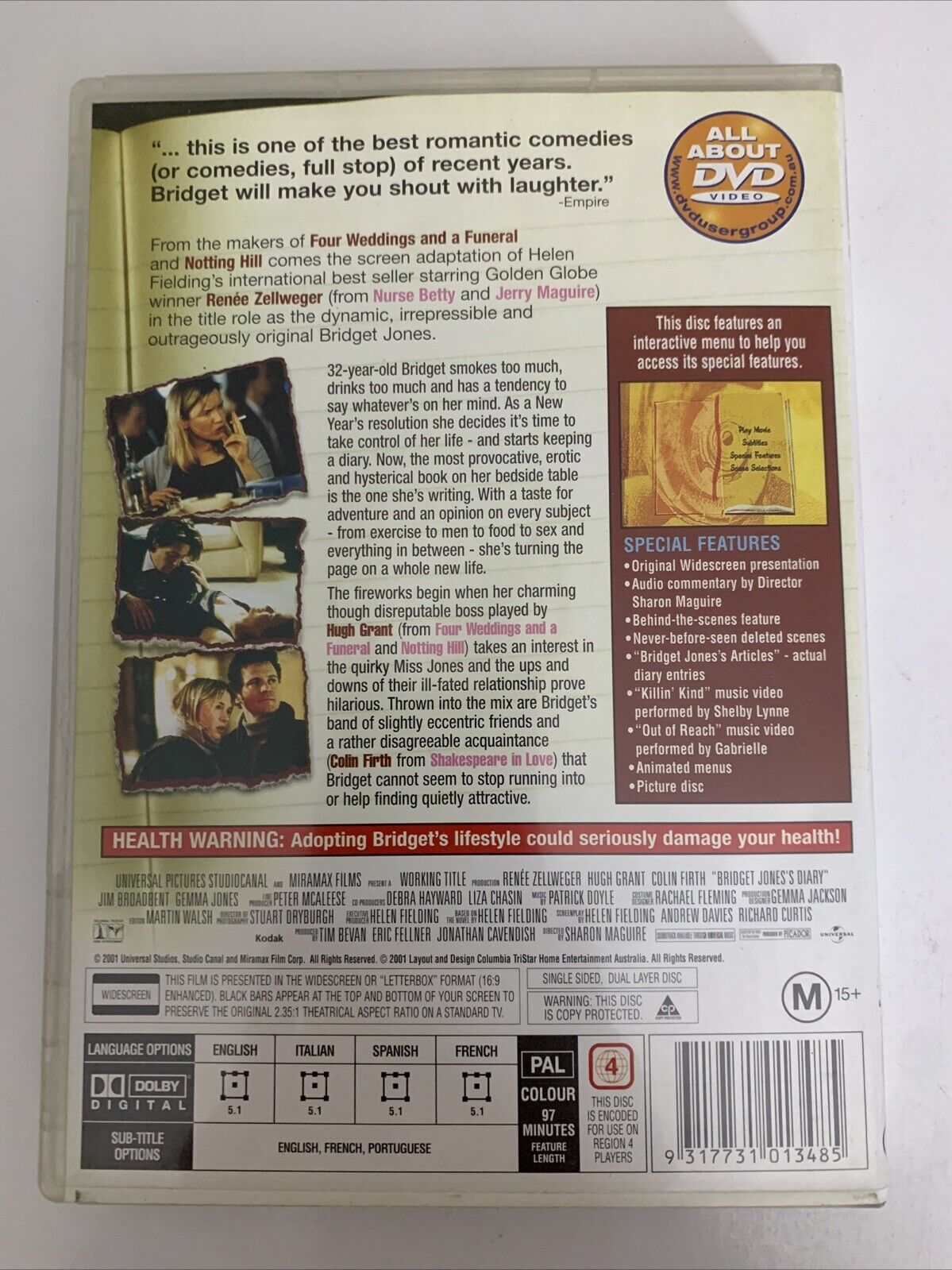 Bridget Jones's Diary (DVD, 2001) Hugh Grant, Renee Zellweger Region 4