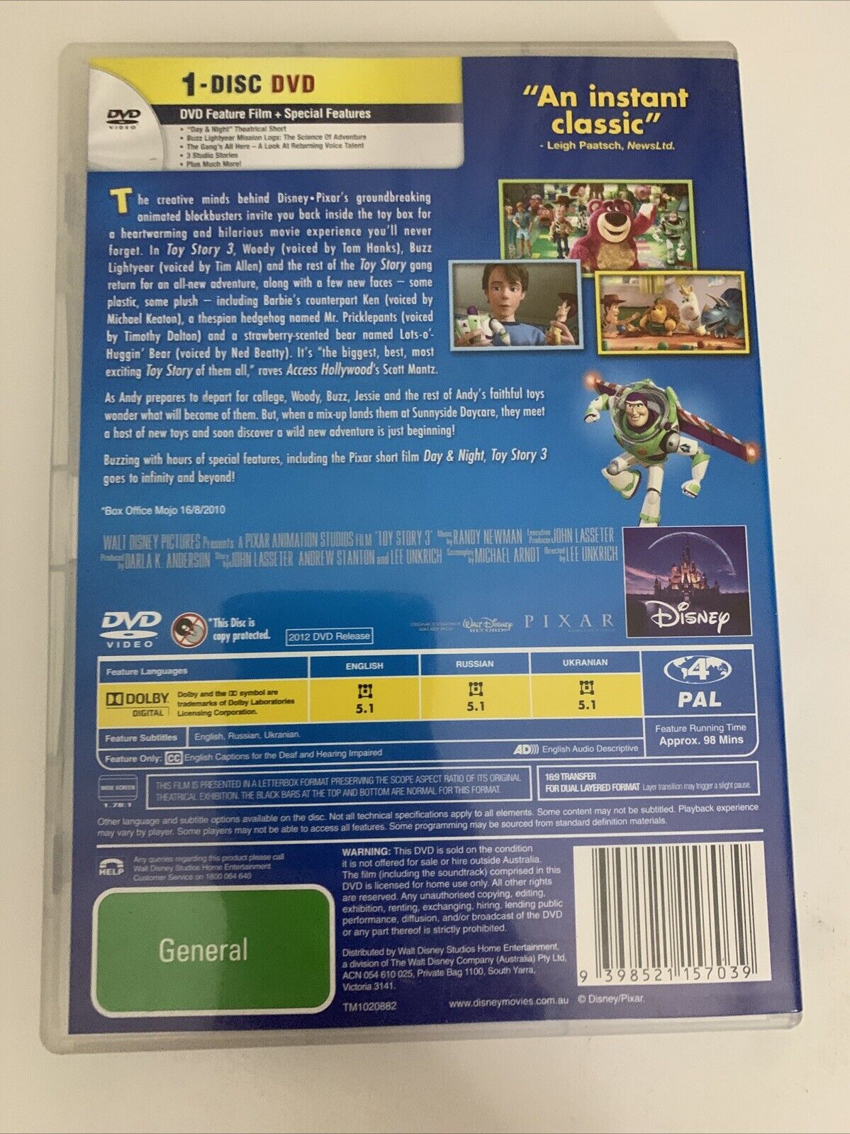 Toy Story 3 (DVD, 2010) Disney Pixar Animation  Region 4
