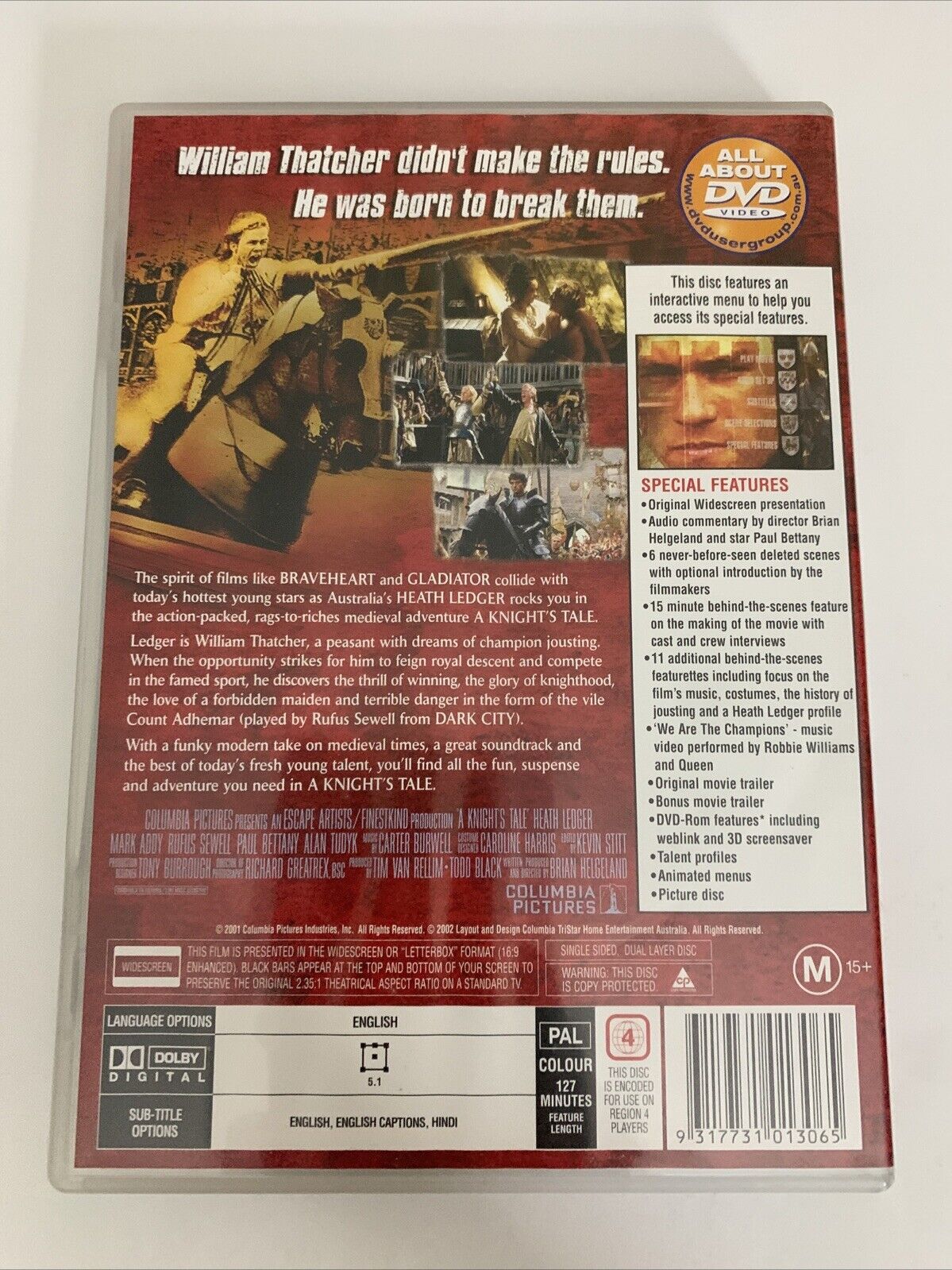 A Knight's Tale (DVD, 2001) Rufus Sewell, Heath Ledger  Region 4