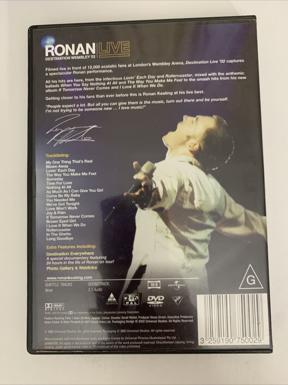 Ronan Live Destination Wembley '02 (DVD, 2002) Ronan Keating Region 4 &2